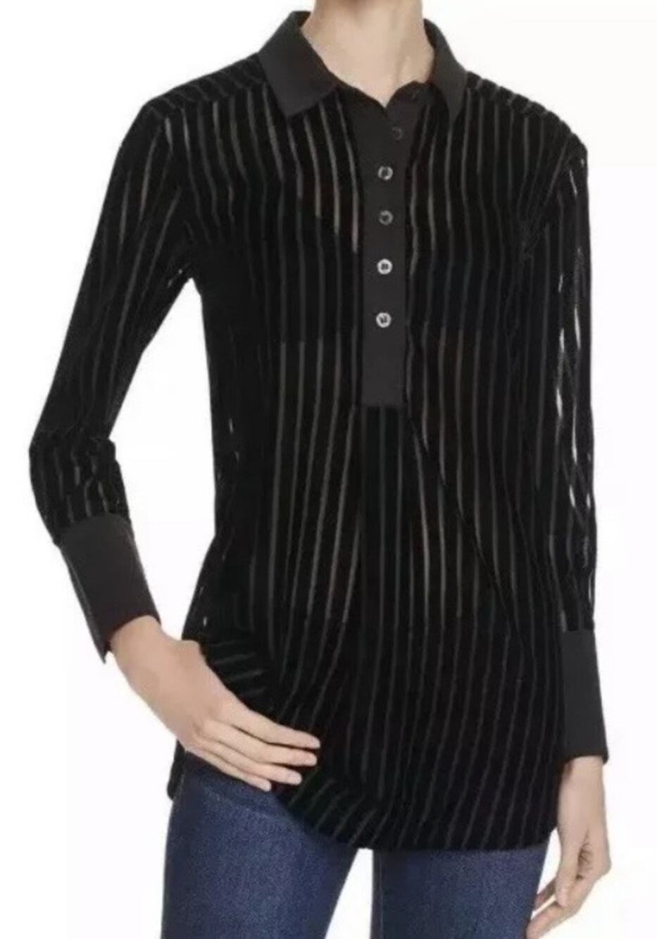 FREE PEOPLE Striped Sheer Burnout Velvet Collared Top in Black Size S